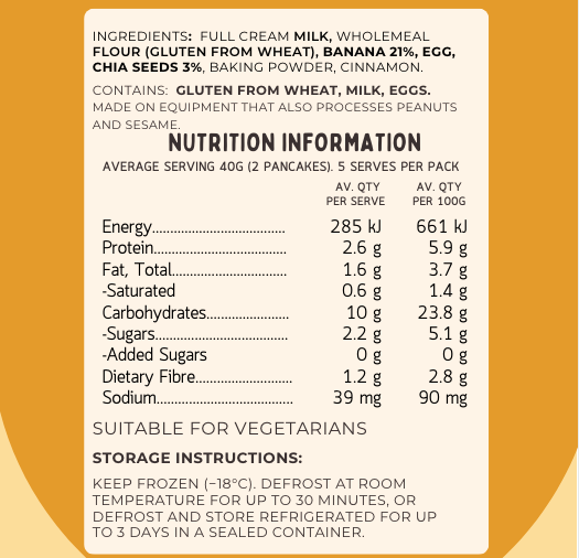 Nutrition label for Lil' Nibbles banana chia pancakes