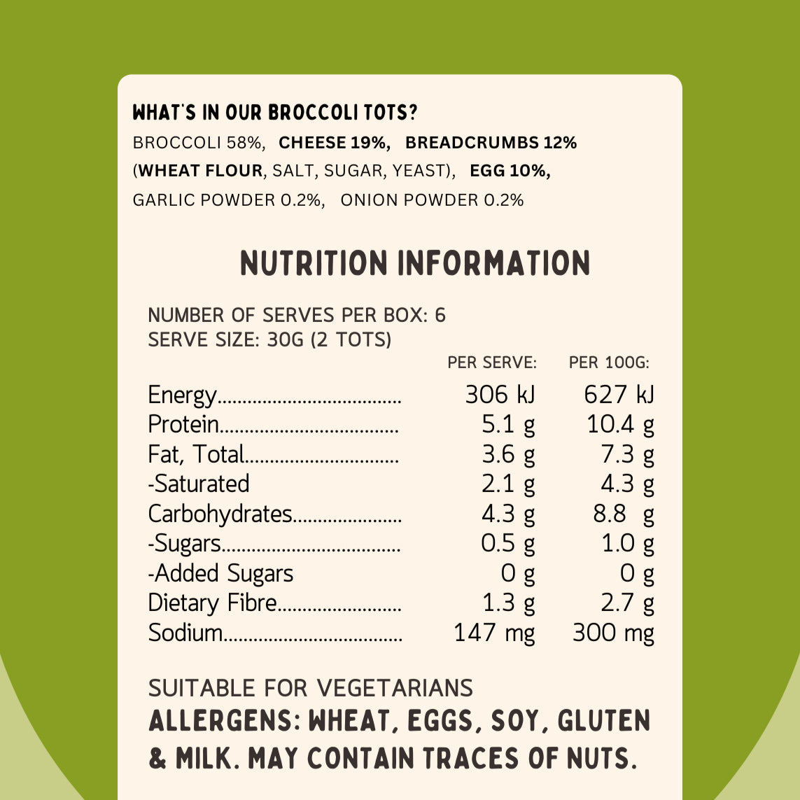 Nutrition information for Lil’ Nibbles Broccoli Tots – nourishing veggie snack for kids and babies (BLW)
