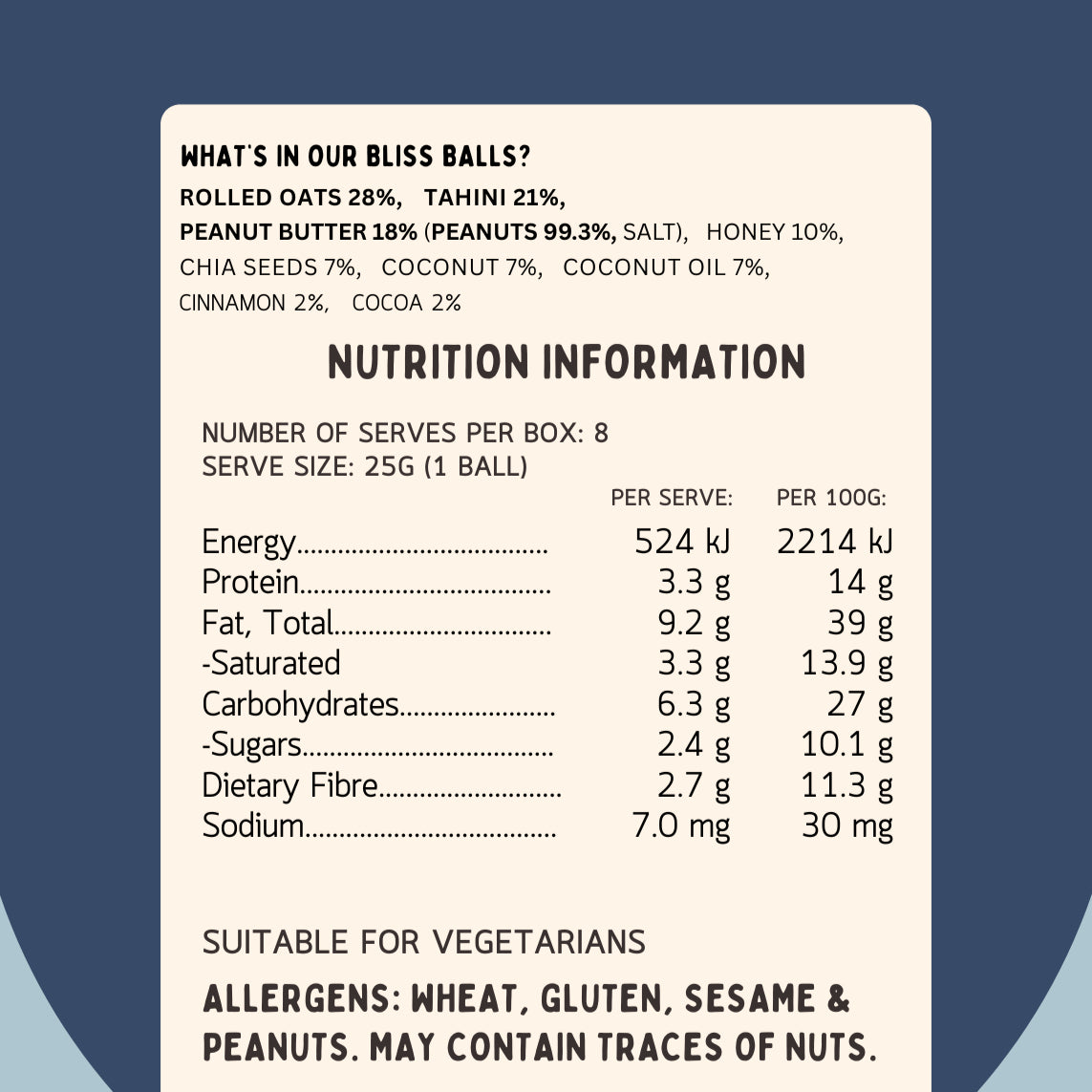 Nutrition information for Lilβ Nibbles Bliss Balls, wholesome pre-made snack for toddlers and kids