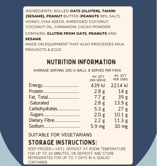 Nutrition information for Lil’ Nibbles Bliss Balls, wholesome pre-made snack for toddlers and kids