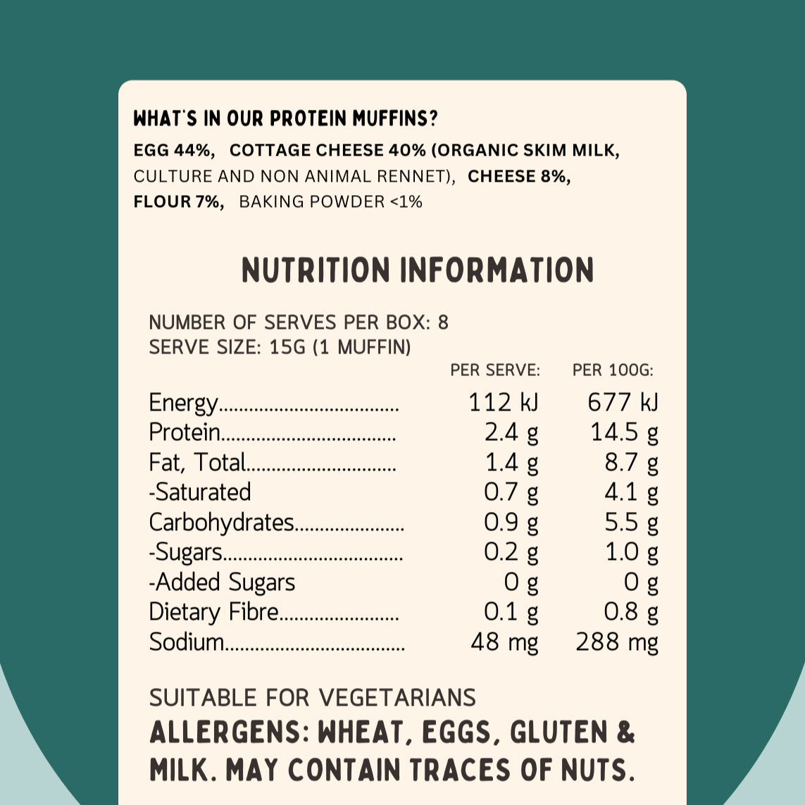 Nutrition information for Lil’ Nibbles Protein Muffins – high-protein kids snack that keeps them feeling full with nourishing clean ingredients.