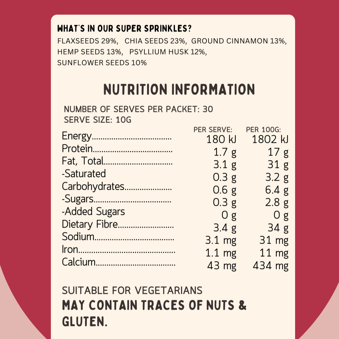 Nutrition panel for Lil’ Nibbles Super Sprinkles Mix – nutrient-rich kids food topper