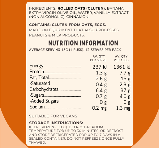 Nutrition information for Lil’ Nibbles Teething Rusks – safe, nourishing baby snack, biscuit and teething rusk made from wholefood ingredients, without sugar or nasties