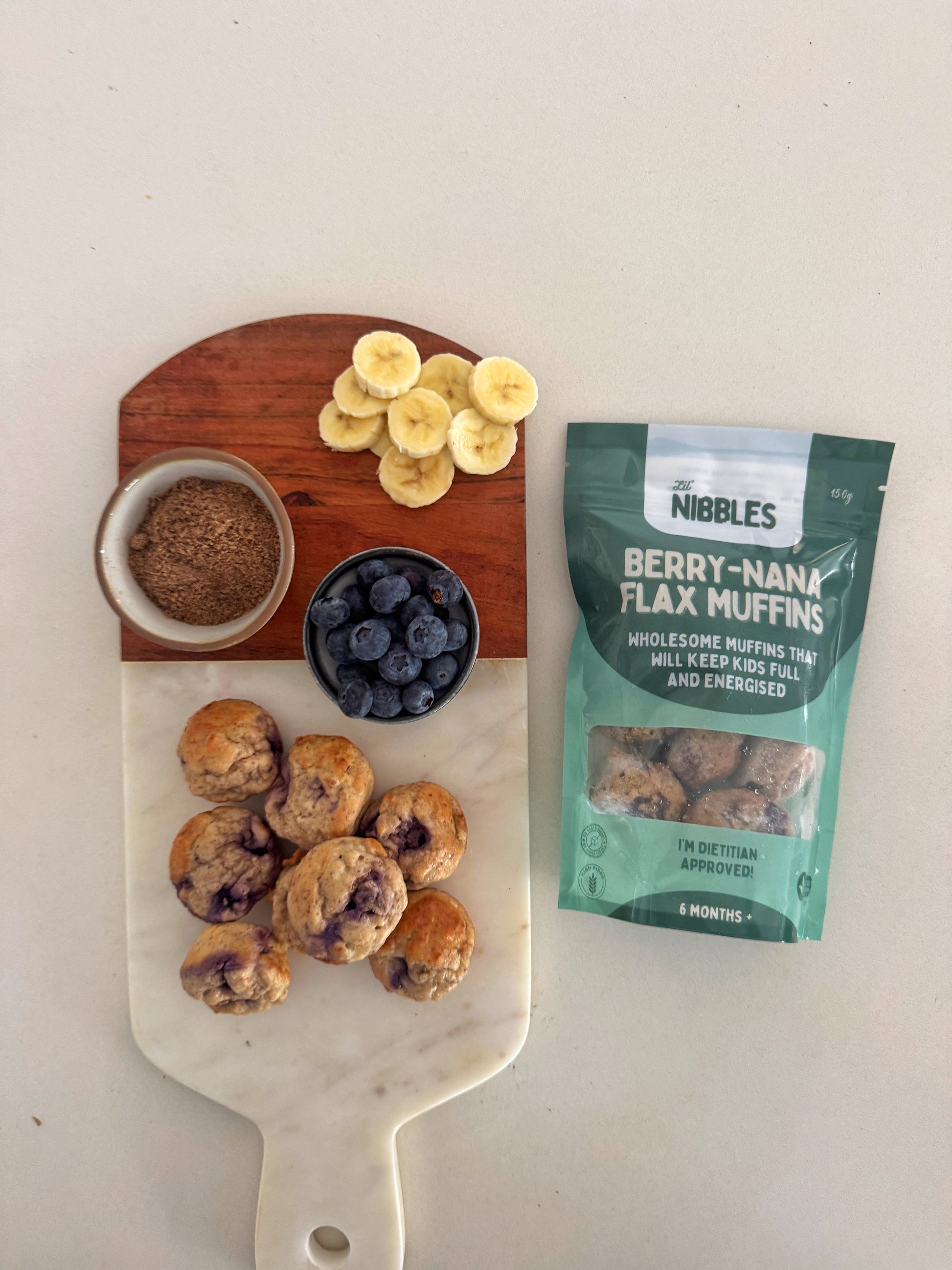 Lil’ Nibbles Berry-Nana Flax Muffs, healthy ready-made snack for BLW, kids and toddlers made from real ingredients.