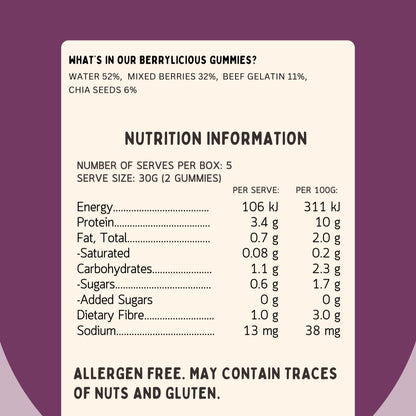 Nutrition panel for Lil’ Nibbles Berrylicious Gummies a fruit-based kids snack or lolly without the nasties and no added sugar
