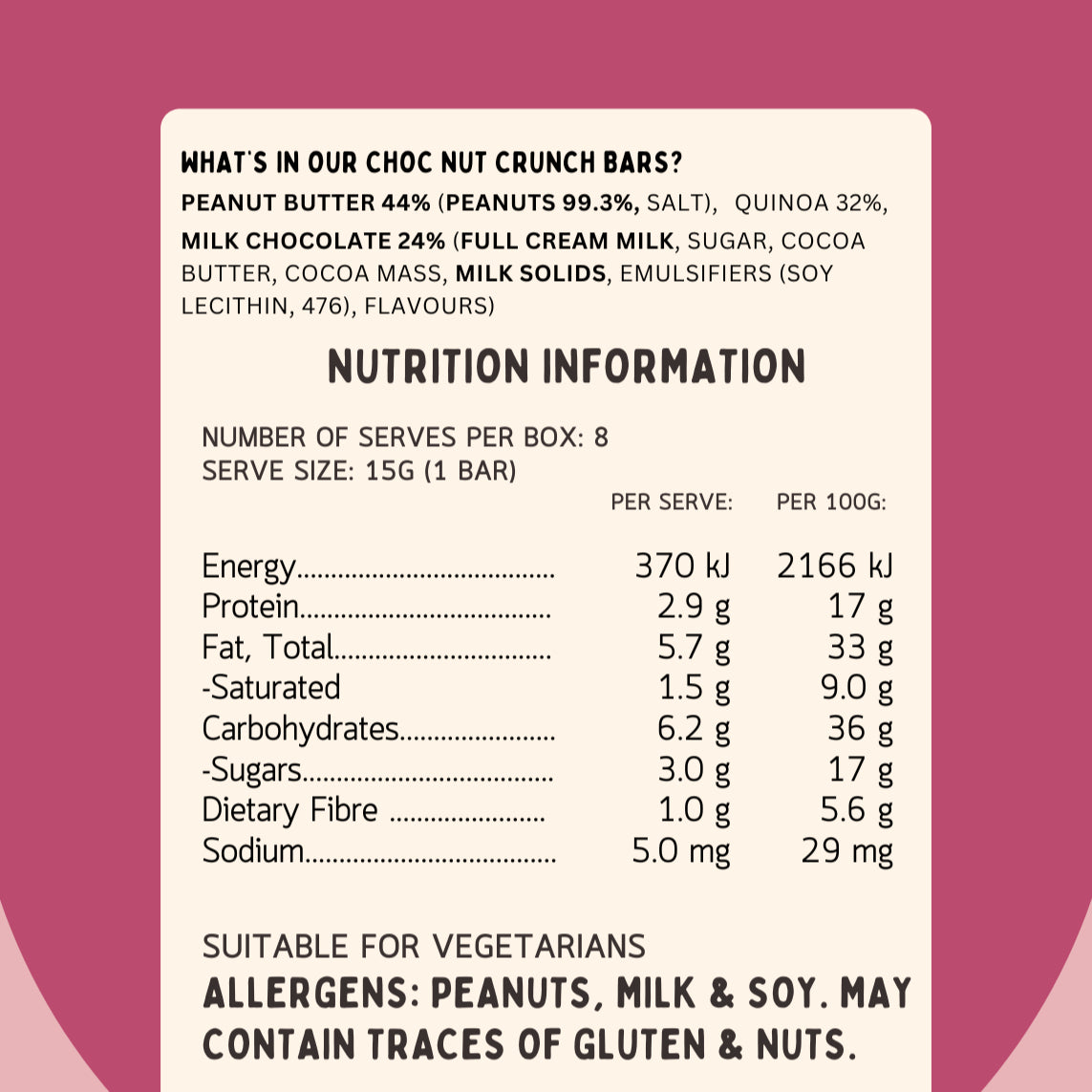 Nutrition information for Lil’ Nibbles Quinoa Choc Nut Bars – healthy wholefood kids snack packed with fibre