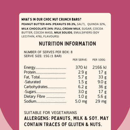 Nutrition information for Lil’ Nibbles Quinoa Choc Nut Bars – healthy wholefood kids snack packed with fibre