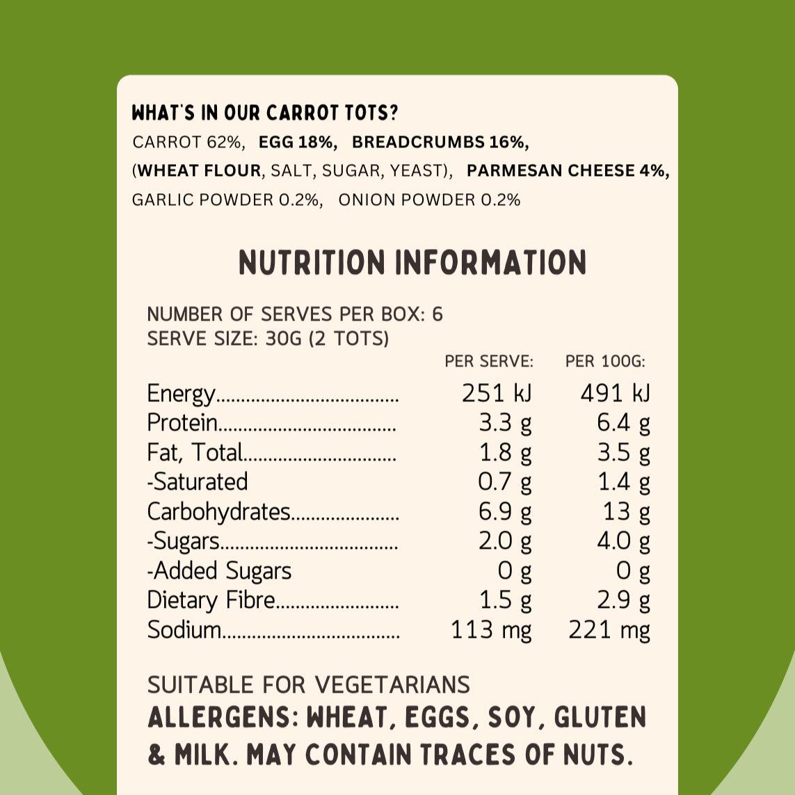 Nutrition information for Lil’ Nibbles Carrot Tots – healthy veggie baby and toddler snack