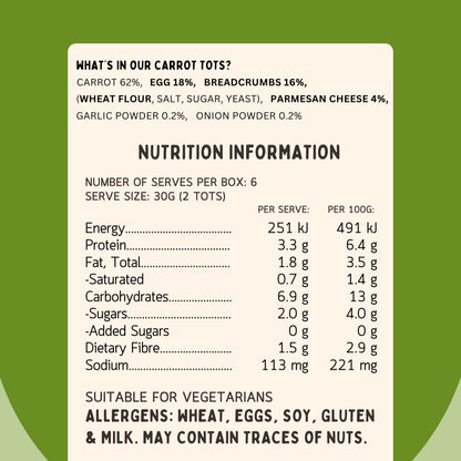 Nutrition information for Lil’ Nibbles Carrot Tots – healthy veggie baby and toddler snack