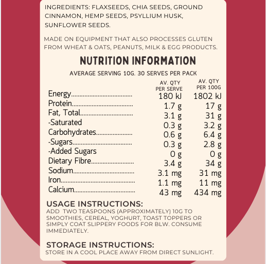 Nutrition panel for Lil’ Nibbles Super Sprinkles Mix – nutrient-rich kids food topper